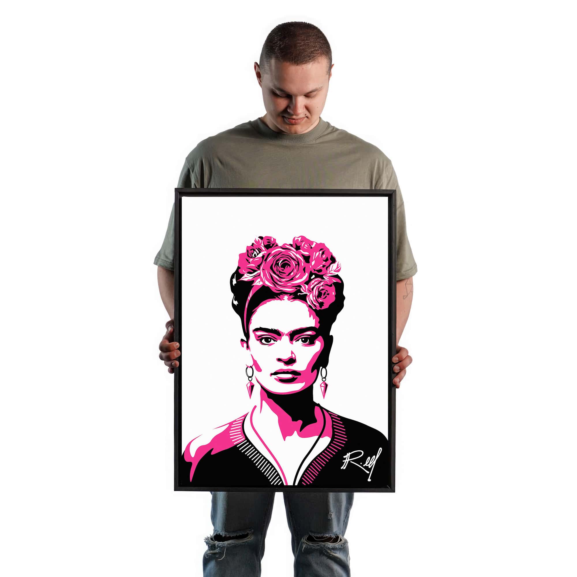 A man holding Frida Kahlo painting