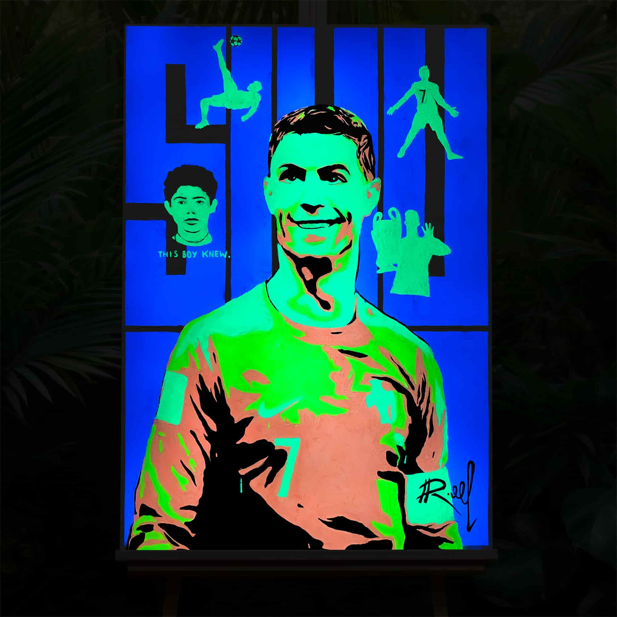 Dark background Glow in the dark Cristiano Ronaldo painting with green background