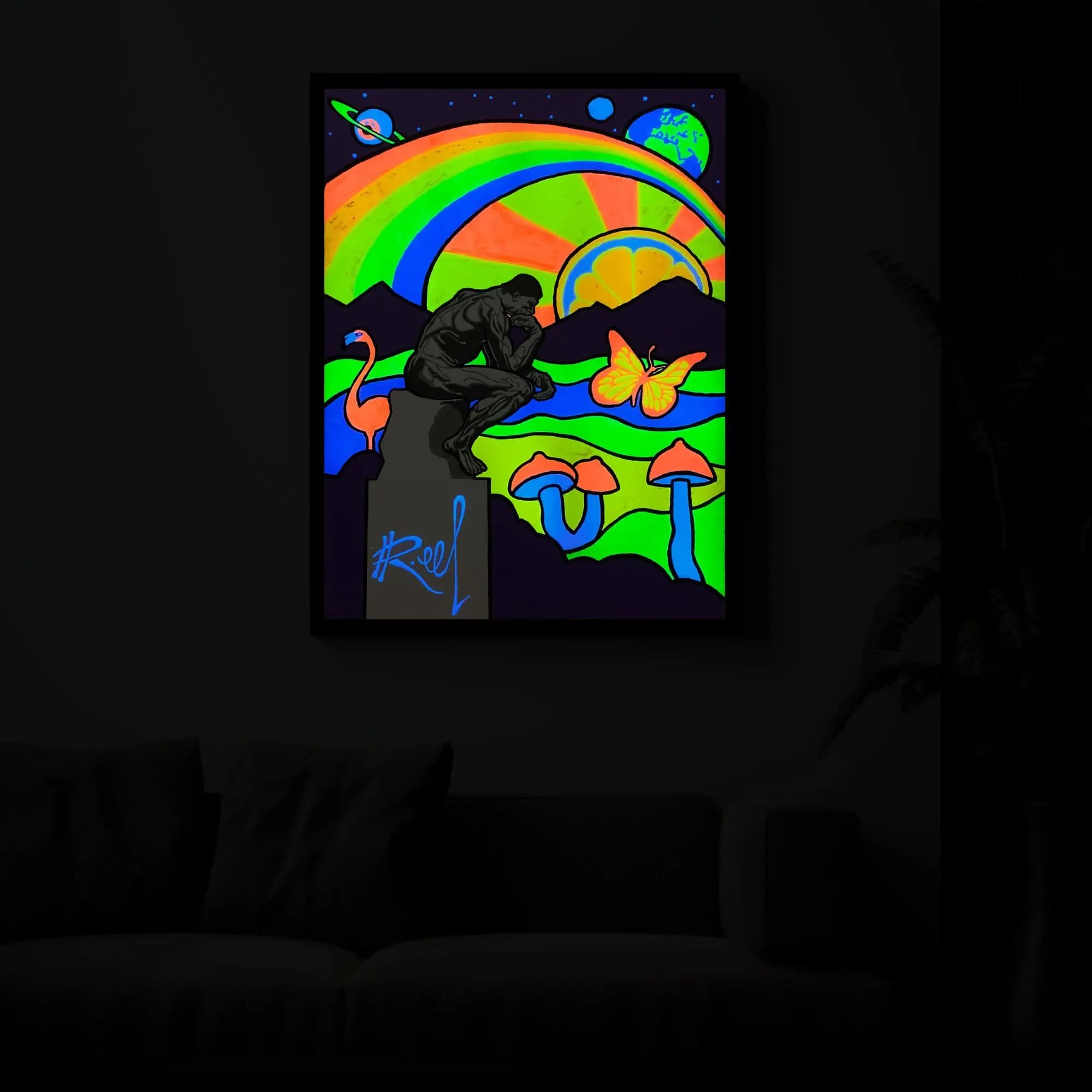 50x70cm Canvas Art Above Sofa - Night Glow in the Dark: The Thinker - Witness its captivating transformation.