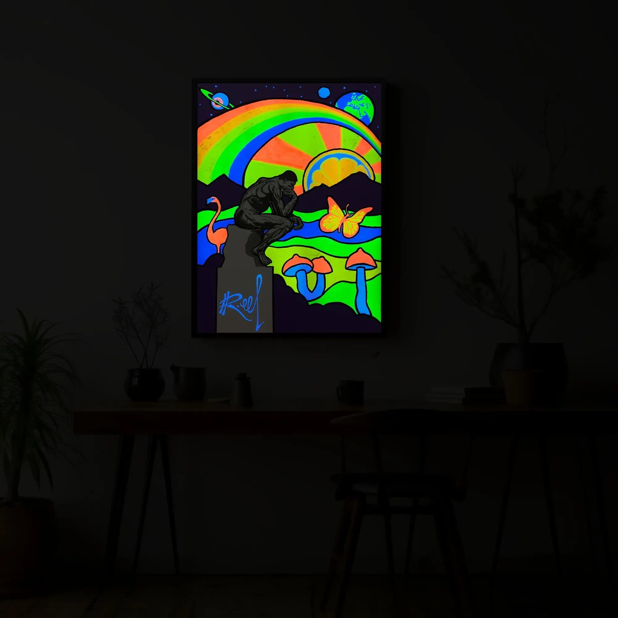 50x70cm Canvas Art Above Work Desk - Night Glow: The Thinker - A unique accent for your creative space.