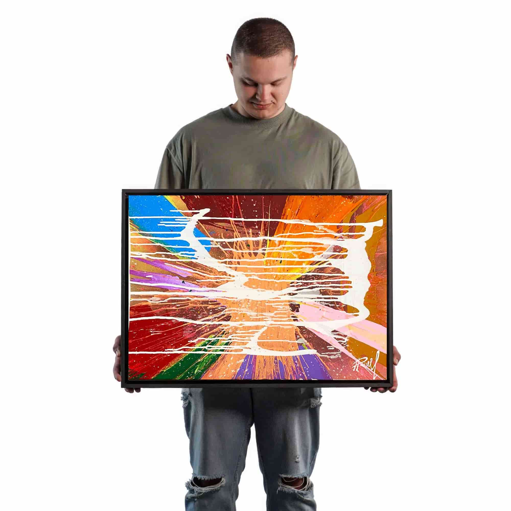 Art connoisseur presents the tangible dimensions of the spin art painting crafted with acrylic paints on Italian canvas, offering a vivid painting style comparison for art enthusiasts.