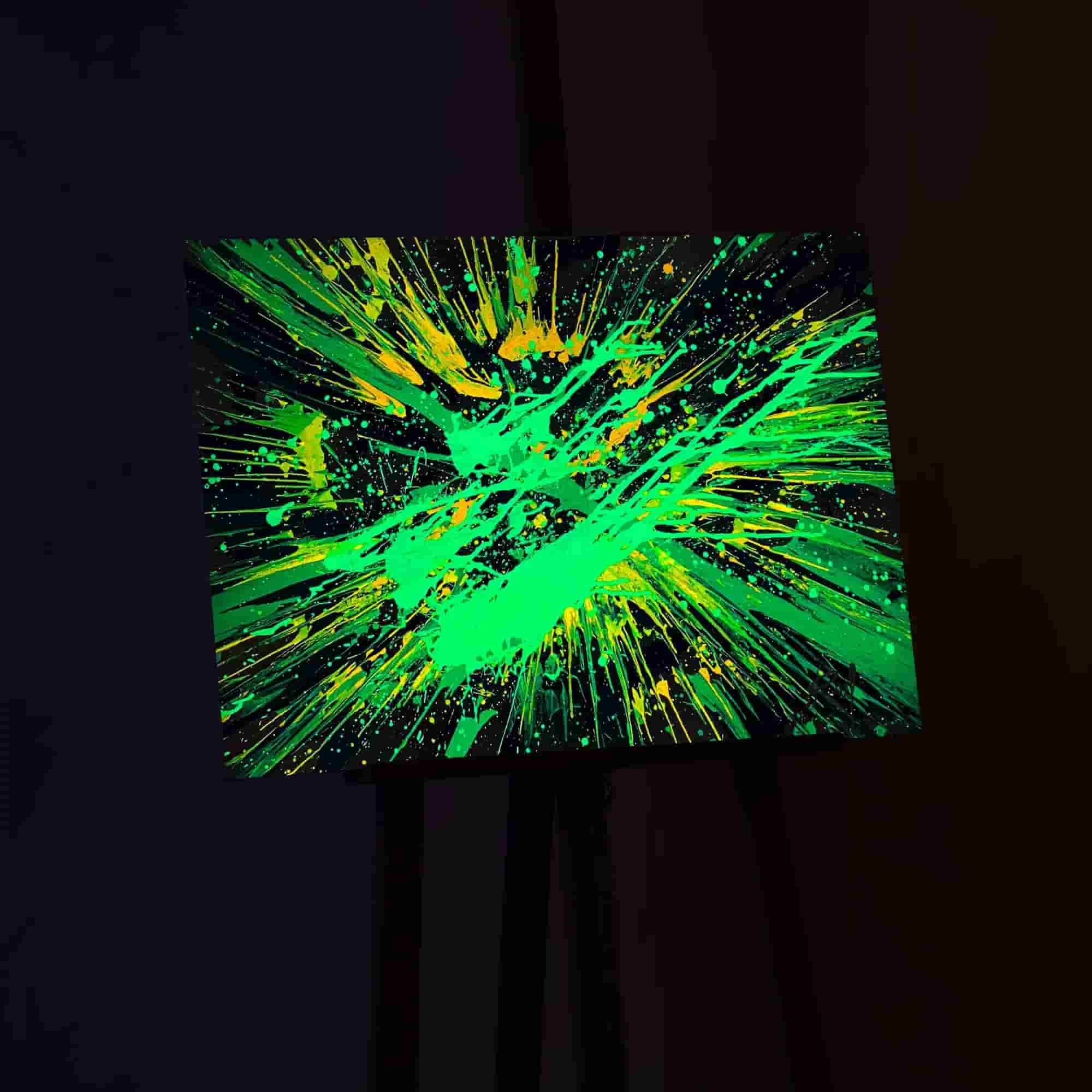 Italian canvas radiates a nocturnal glow, highlighting the potency of the glow in the dark spin art paint technique.