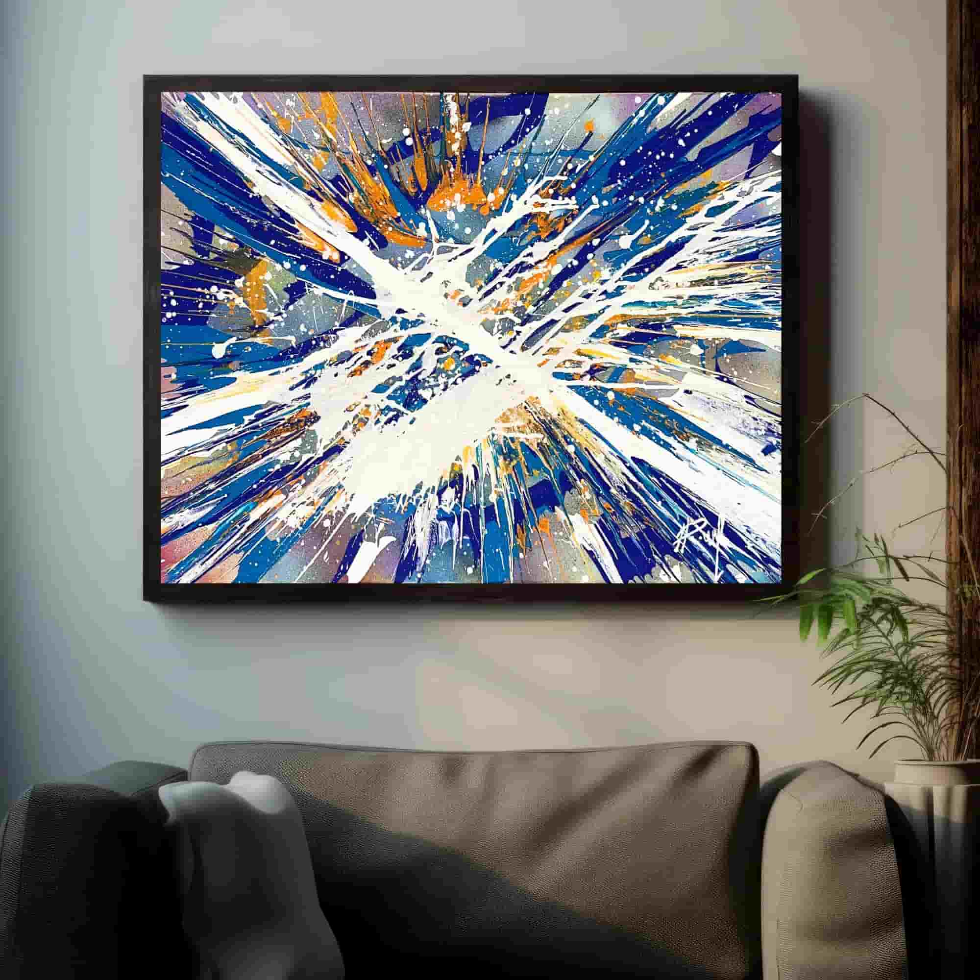 Spin art painting style shines in daylight, elegantly complementing living room decor with its acrylic brilliance on canvas.