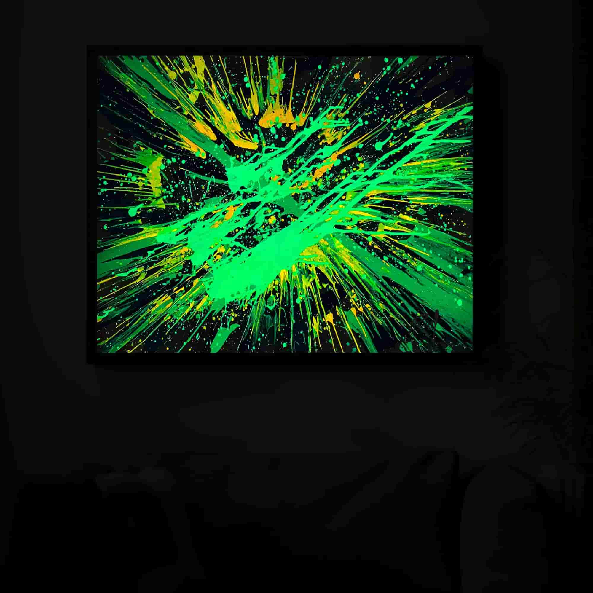 Canvas transformed by the night's luminescent glow in the dark effect, redefining the living room's ambiance with its spin art allure.