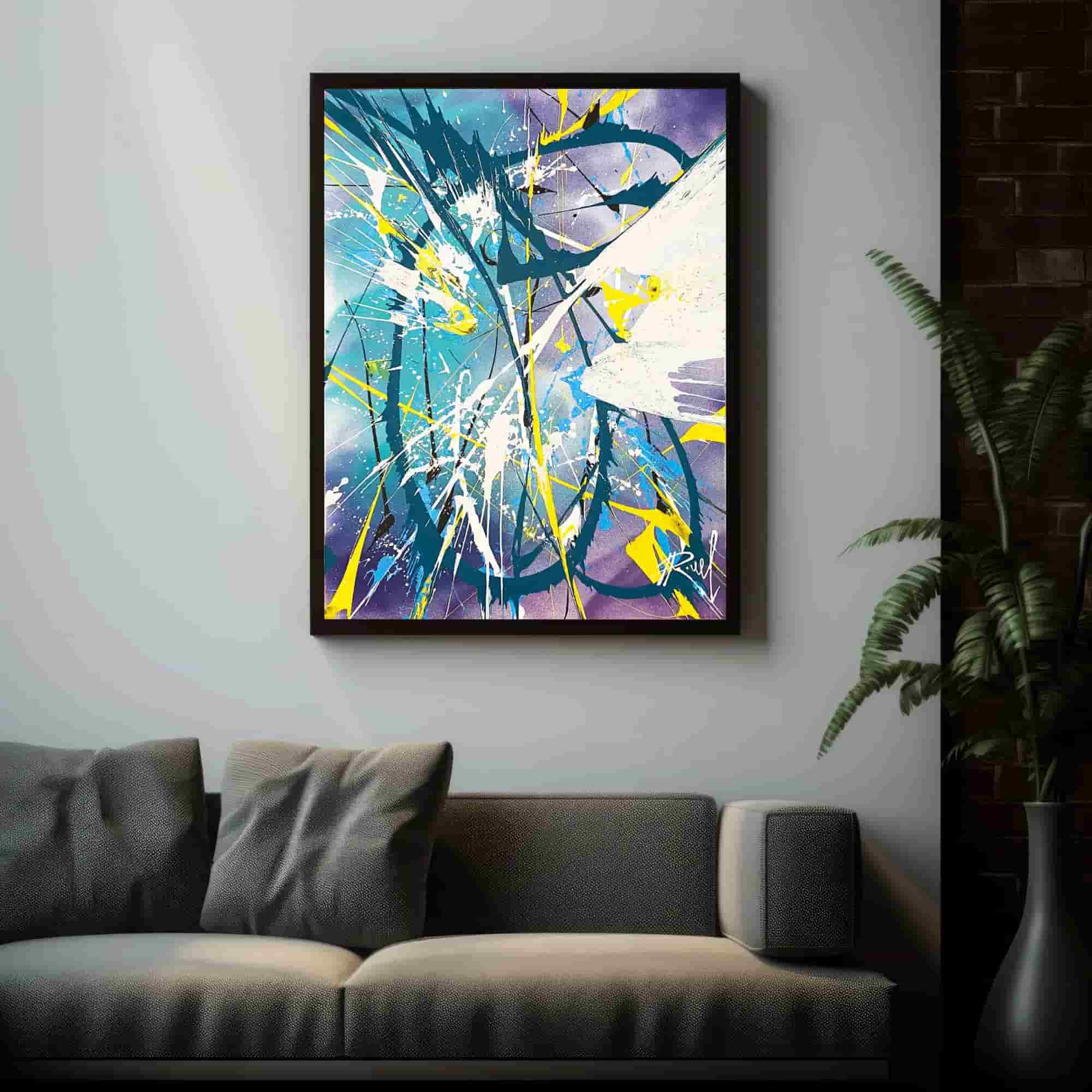 Spin art canvas painting's day exhibit, a fusion of acrylic paints and contemporary artistry, redefining living room ambiance.