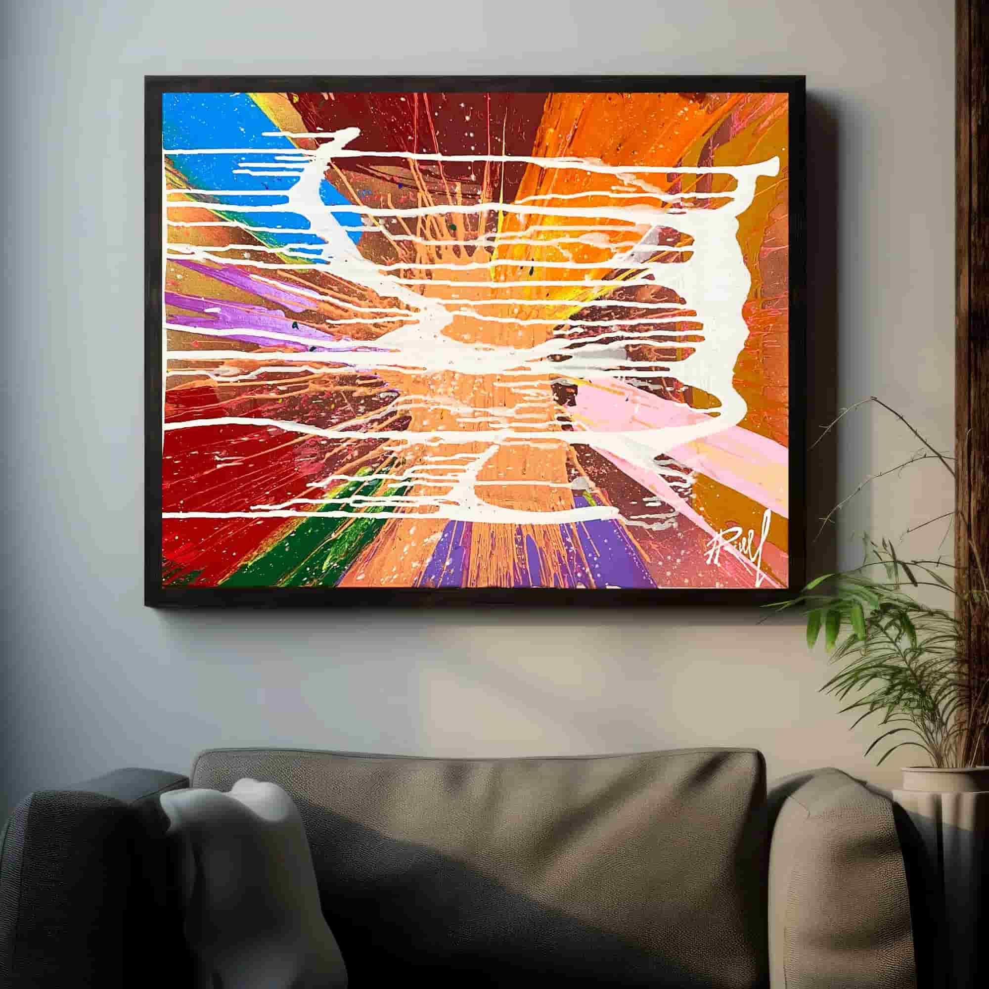 Living room decor accentuated by a spin art canvas painting using acrylic paints, a brilliant manifestation of painting style in the full spectrum of daylight.
