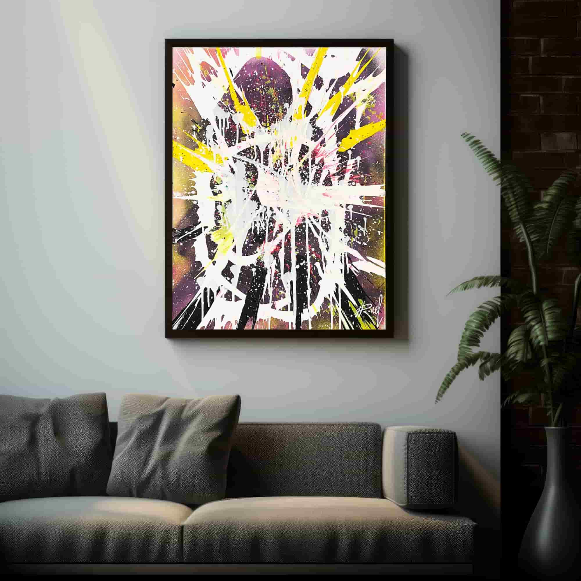 Day's reflection on spin art canvas painting in a living room, narrating a story of acrylic paints and artistry.