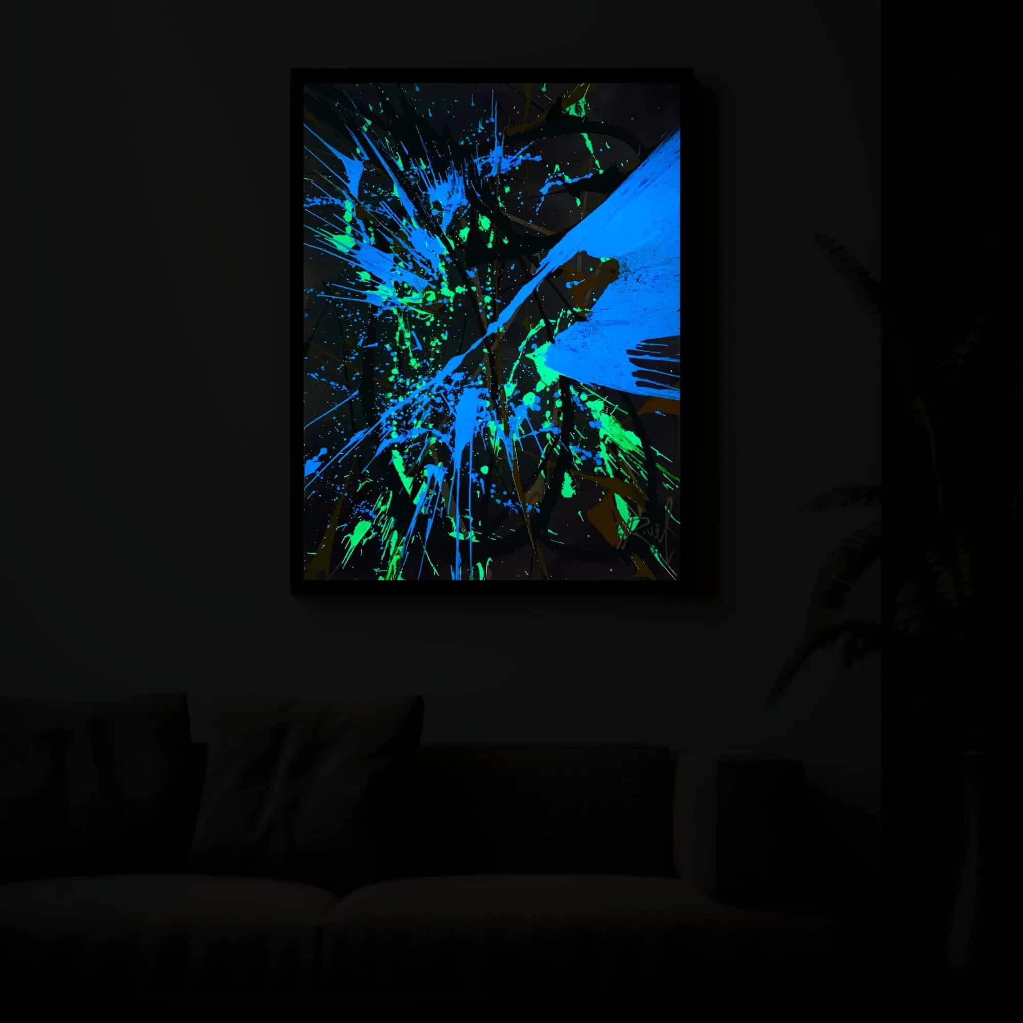 Night's canvas painting glow, a spin art paint symphony in glow in the dark tones, casting acrylic allure in living space.