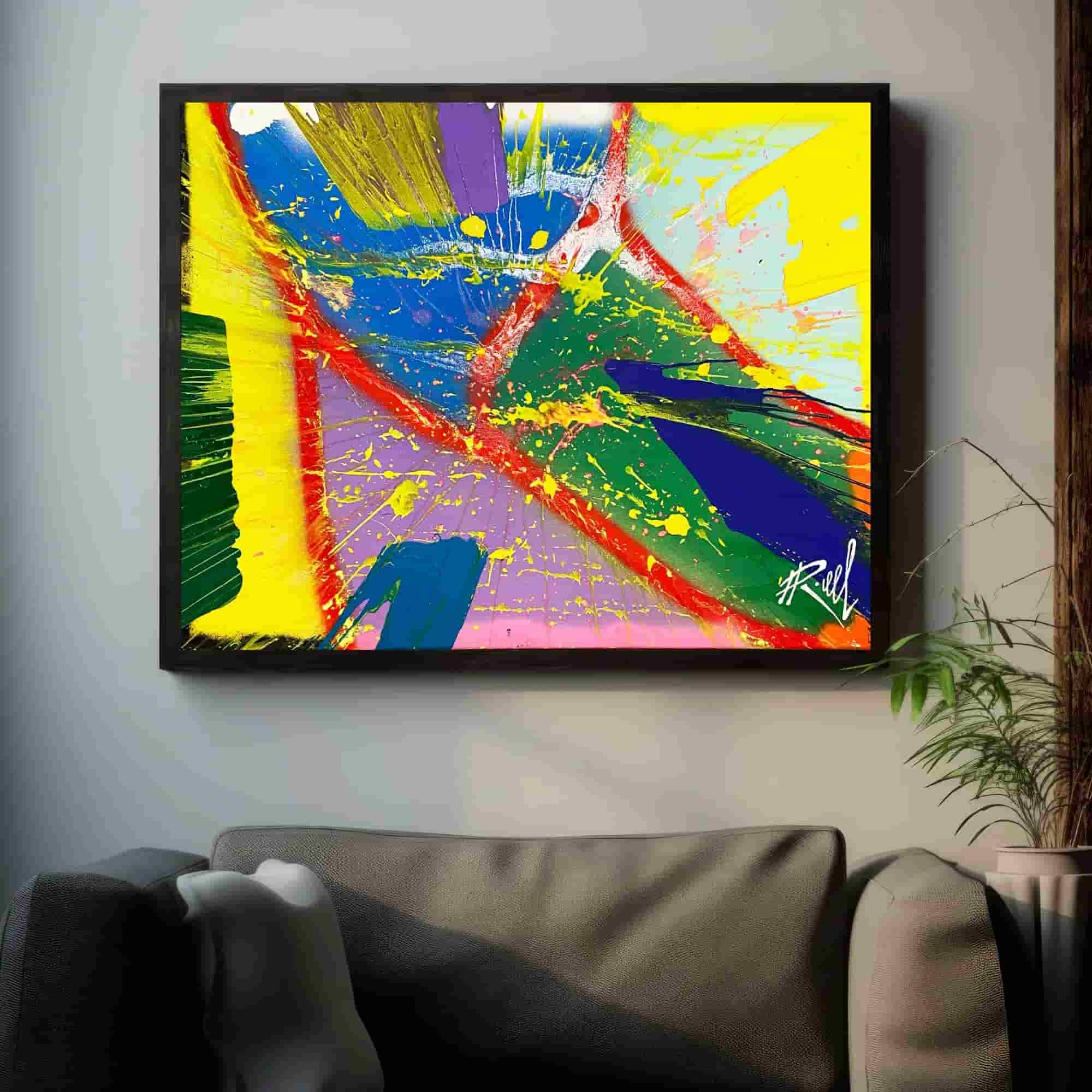 A day's reflection on spin art canvas painting, an embodiment of acrylic paints' brilliance, enhancing living room aesthetics.