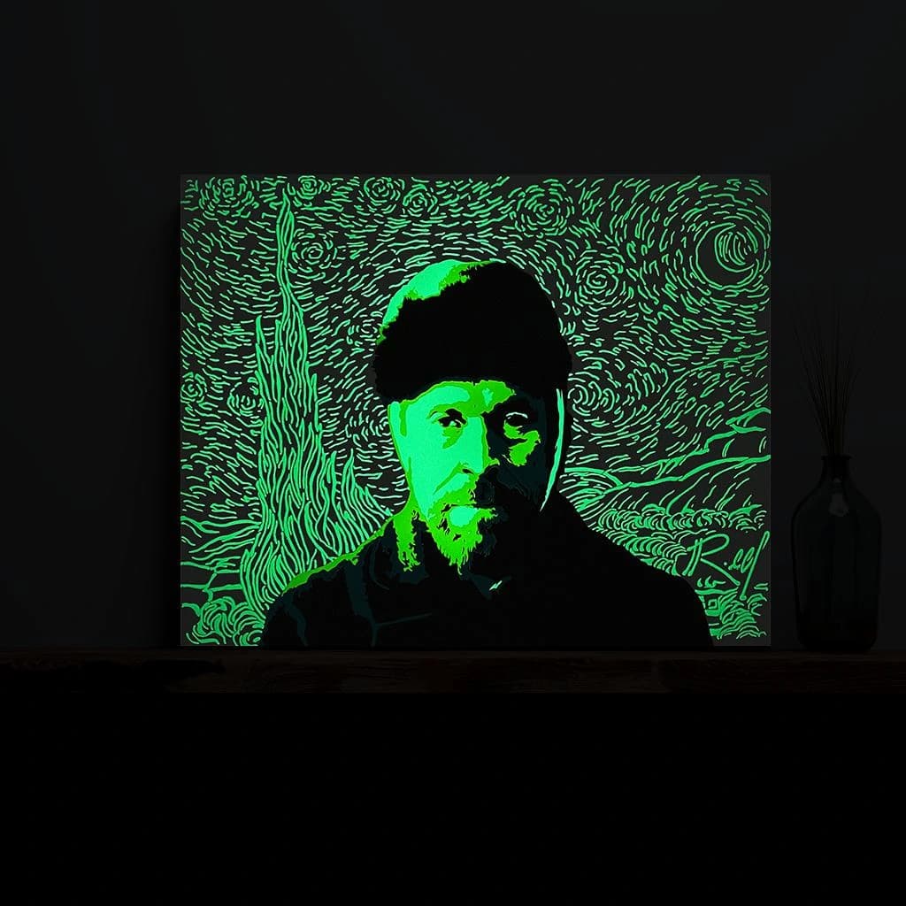 30x40cm Canvas Desk Art - Vincent Van Gogh portrait, captivating night glow in the dark effect, perfect for any setting.