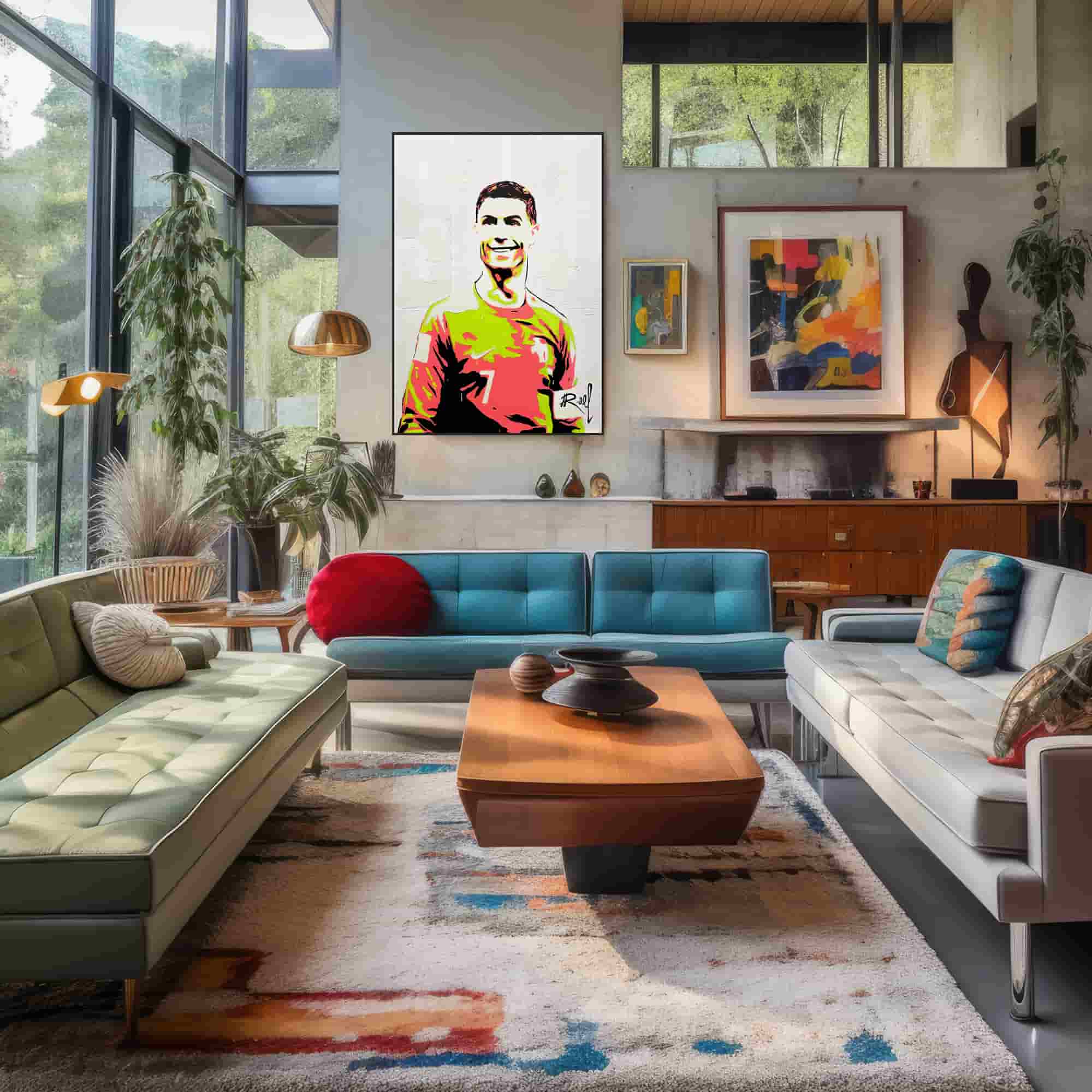 Glow in the dark Cristiano Ronaldo painting hanging in a modern Livingroom