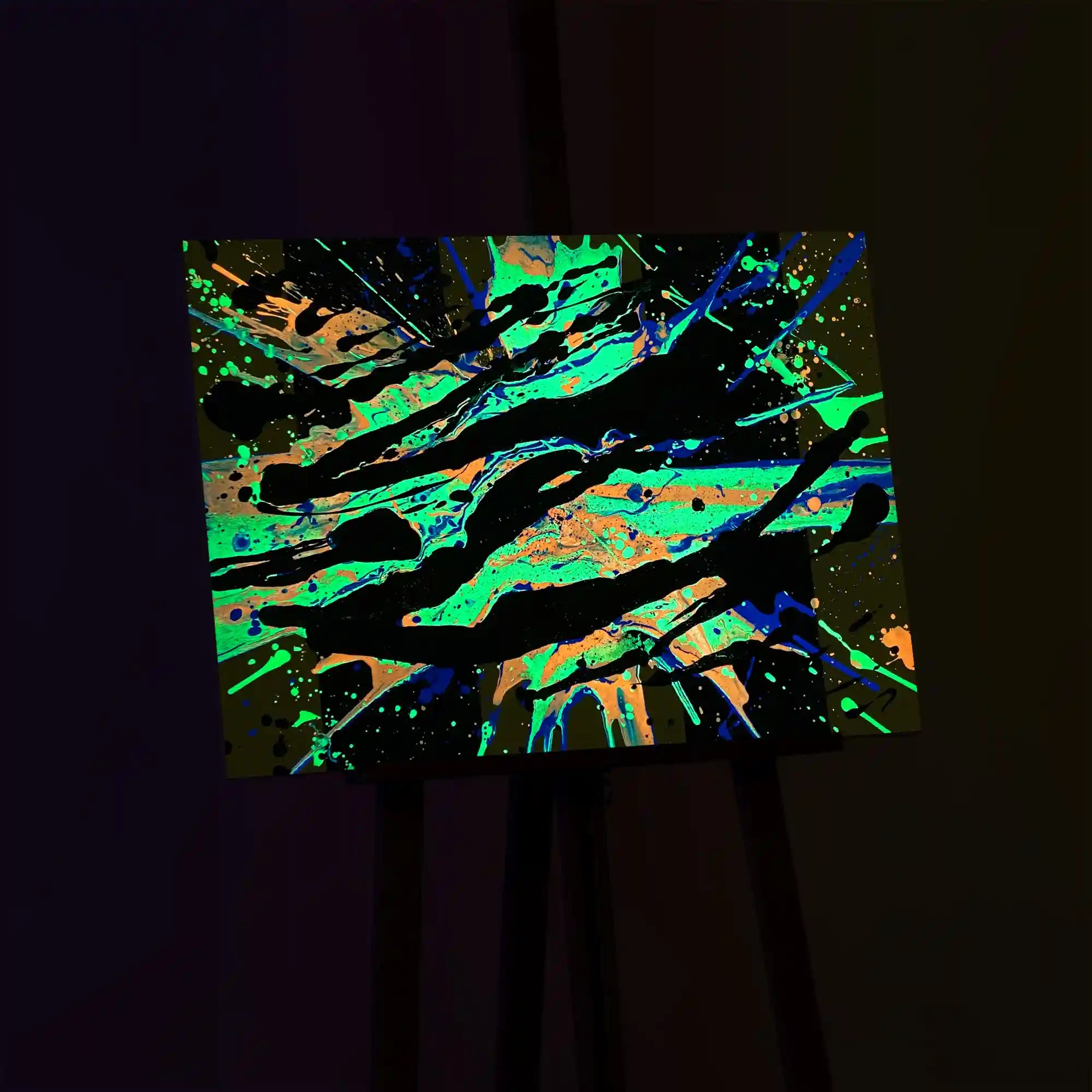 Glow in the dark Super Nova Inferno' depicting intense swirling greens and oranges that mimic the chaotic, fiery environment of a supernova, 