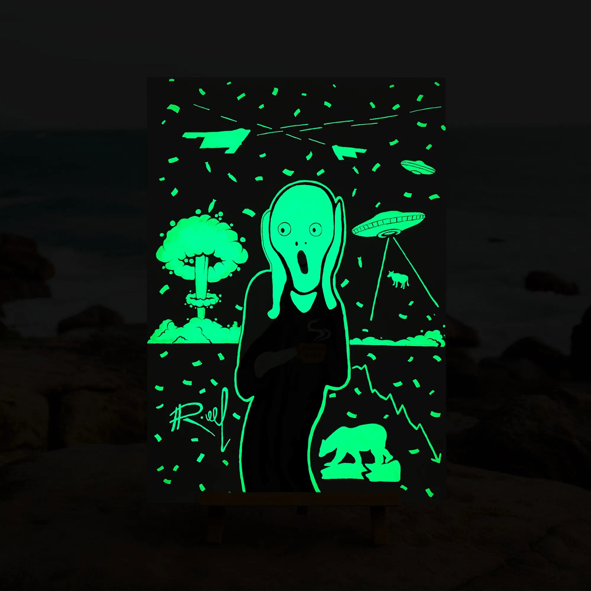 Glow in the dark The scream Painting on a stand on rocks at night