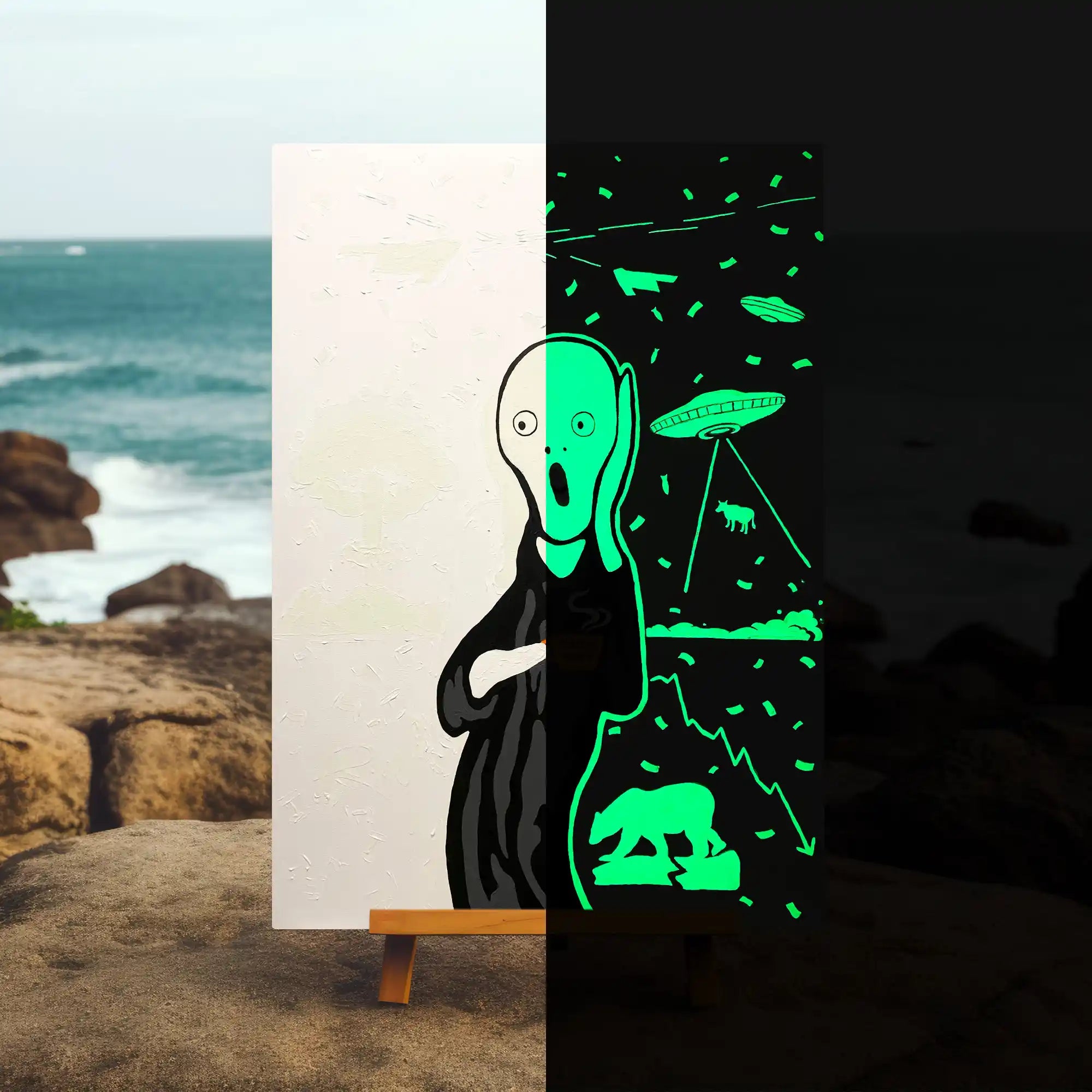 Glow in the dark The scream Painting on a stand on rocks showing day and night effects