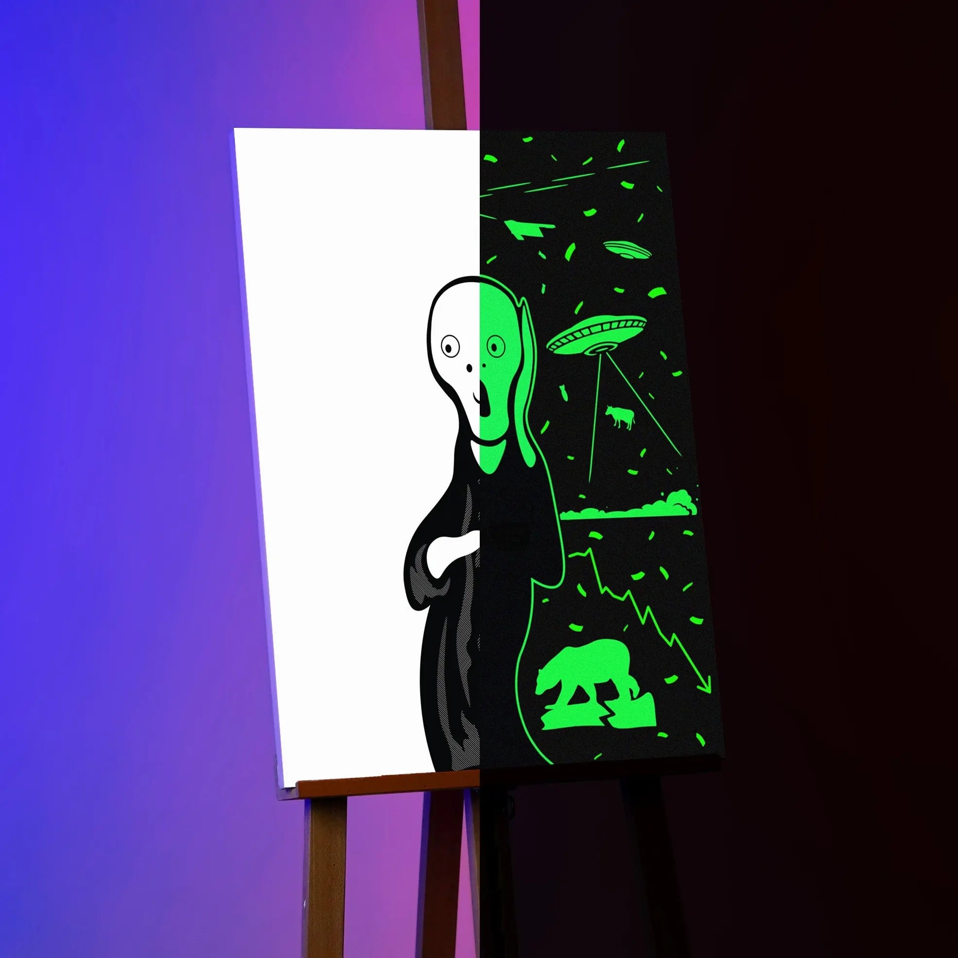 Glow in the dark The scream Painting on a stand showing day and night effects