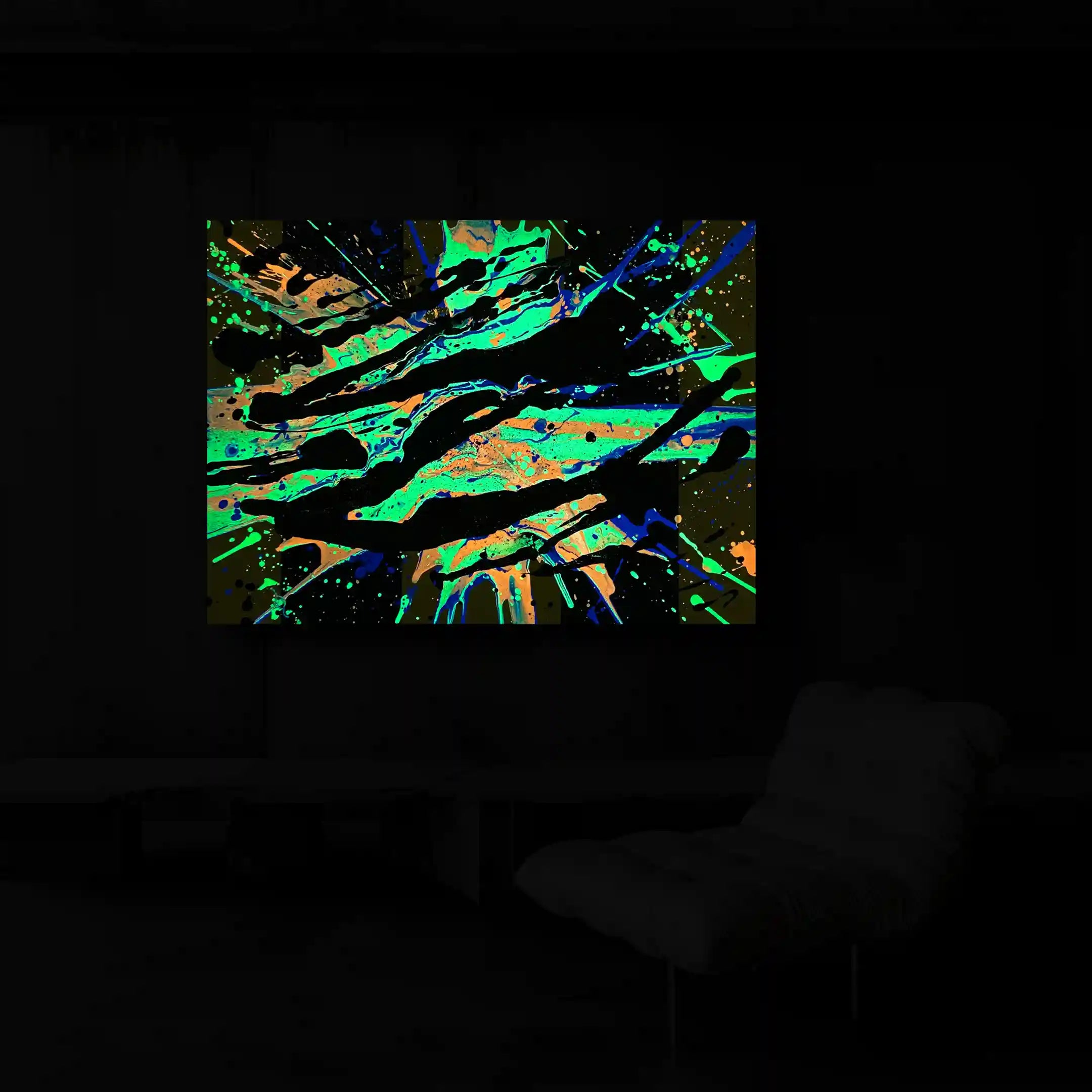 Glow in the dark spin art painting titled Super Nova Flare with a dazzling burst of bright yellow and orange streaks from a central white-hot core, set against a deep black backdrop