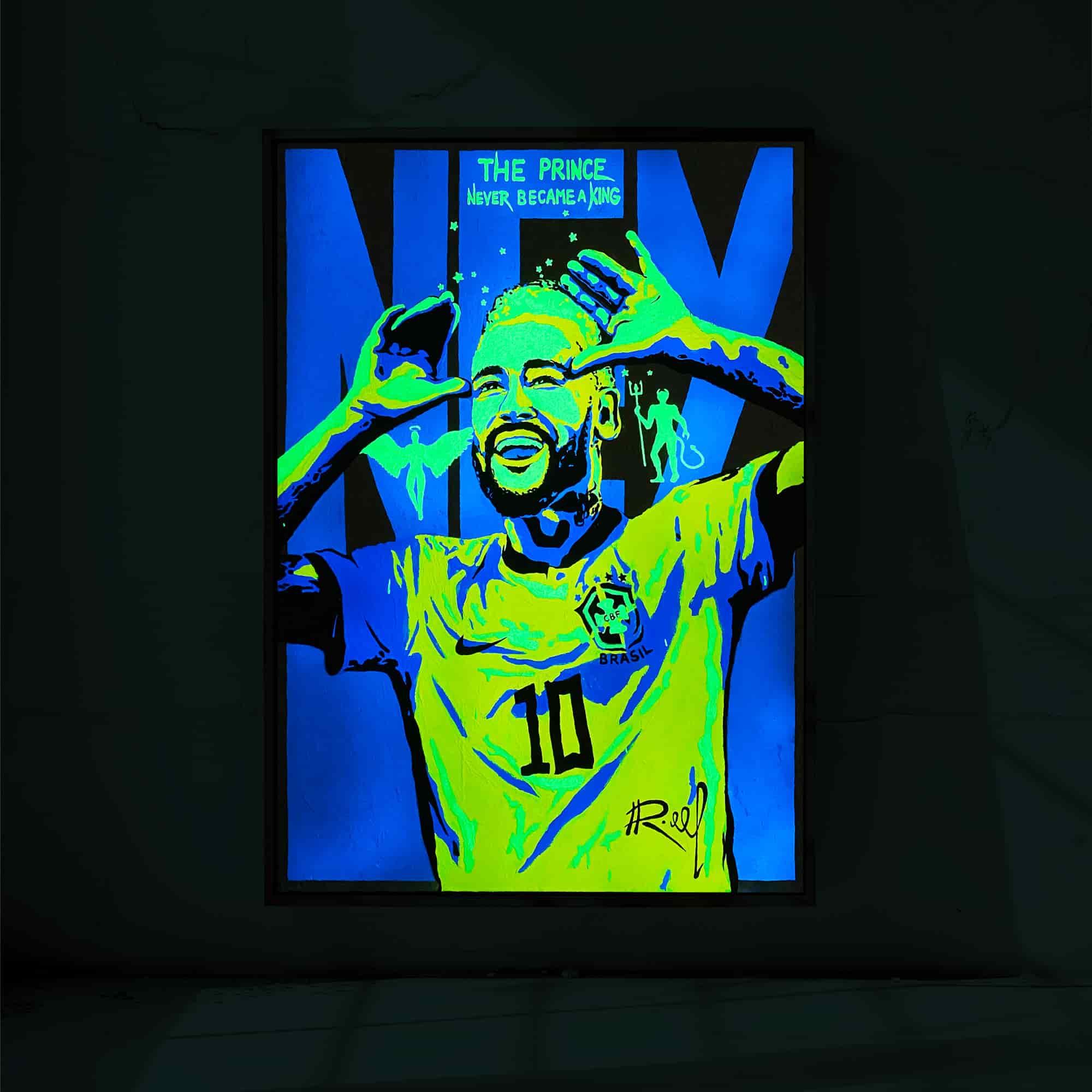 Neymar Glow in the dark painting hanging in a dark room on a wall with night effect
