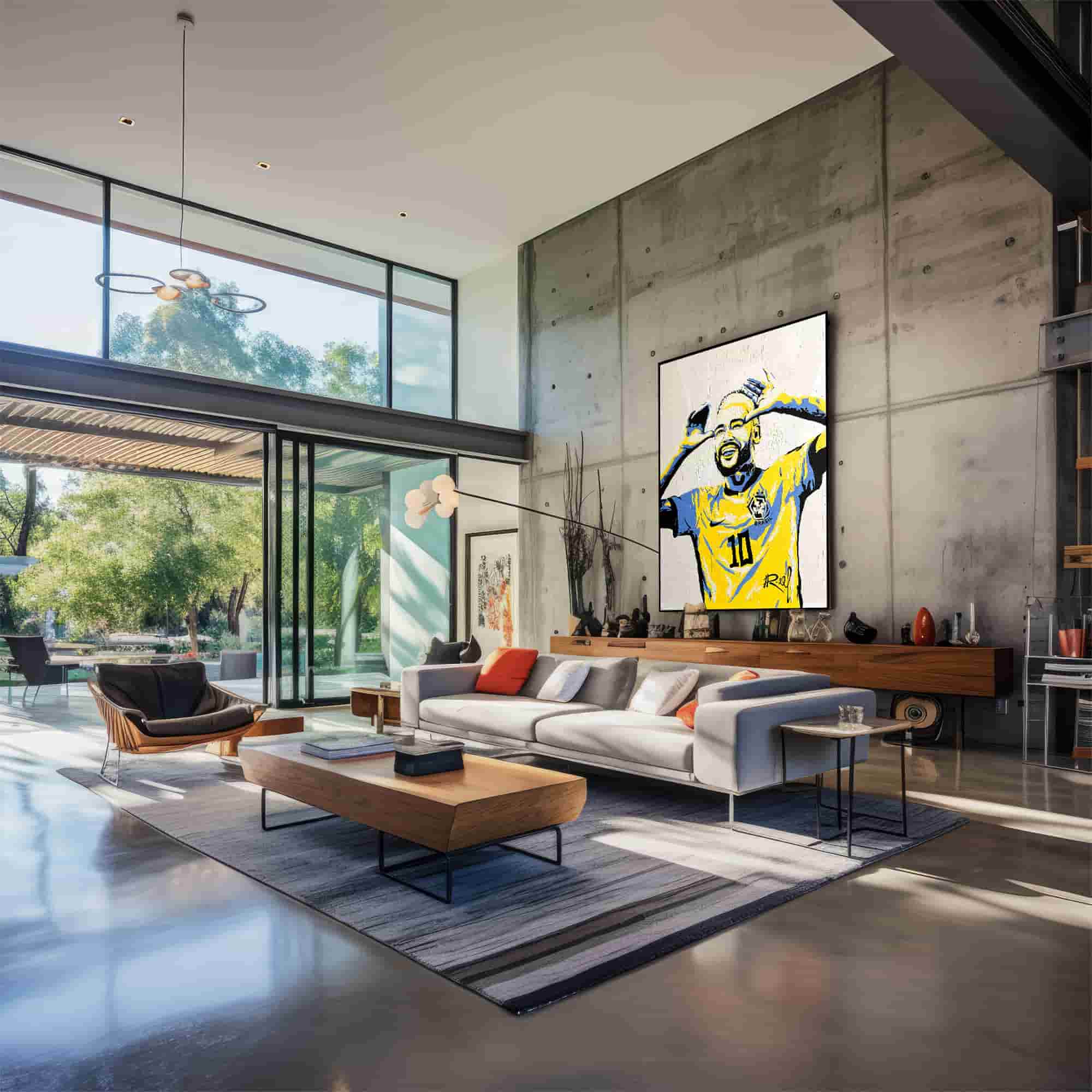 Neymar Glow in the dark painting hanging in large modern living room