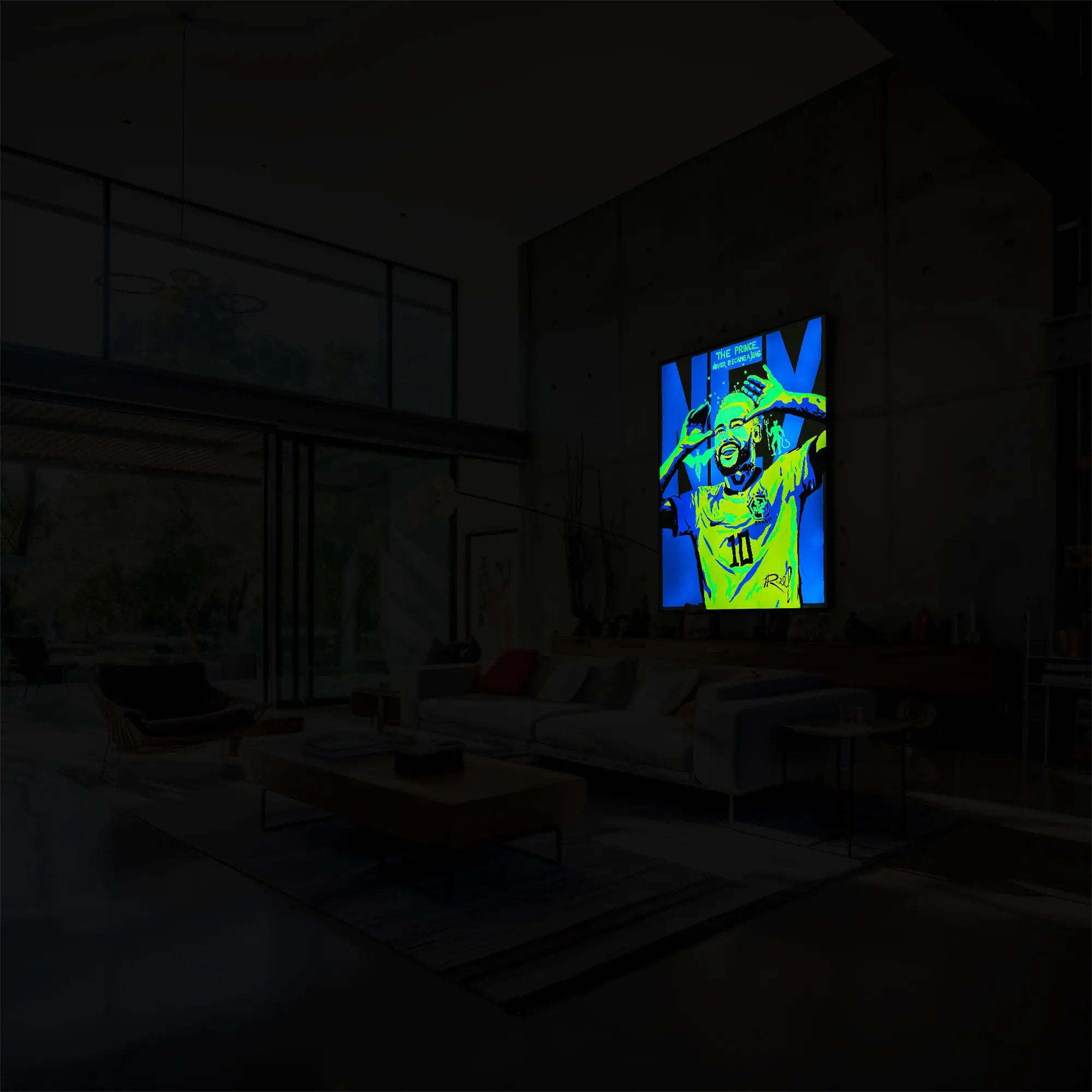 Neymar Glow in the dark painting hanging in large modern living room night effect