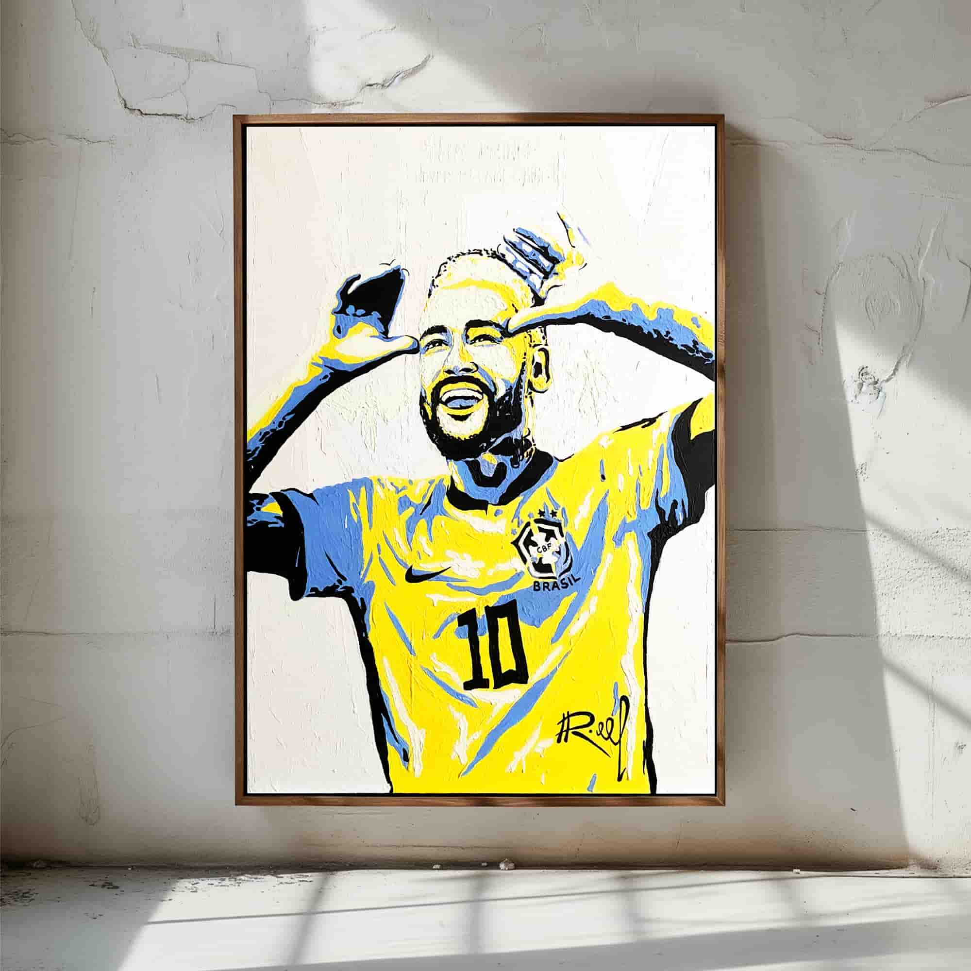 Neymar Glow in the dark painting hanging on a bright living room wall with day effect