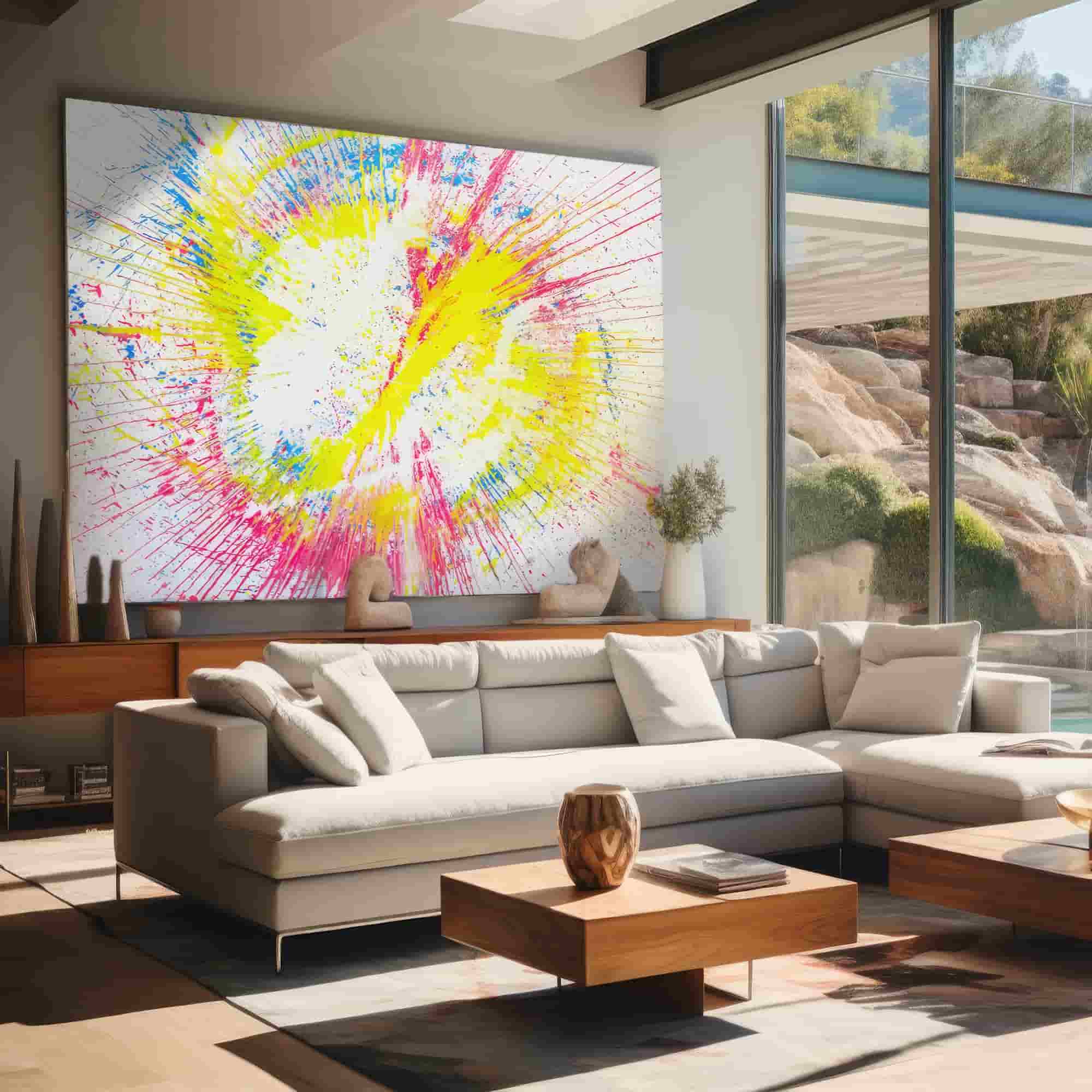 Worlds largest glow in the dark spin art hanging in a bright large living room