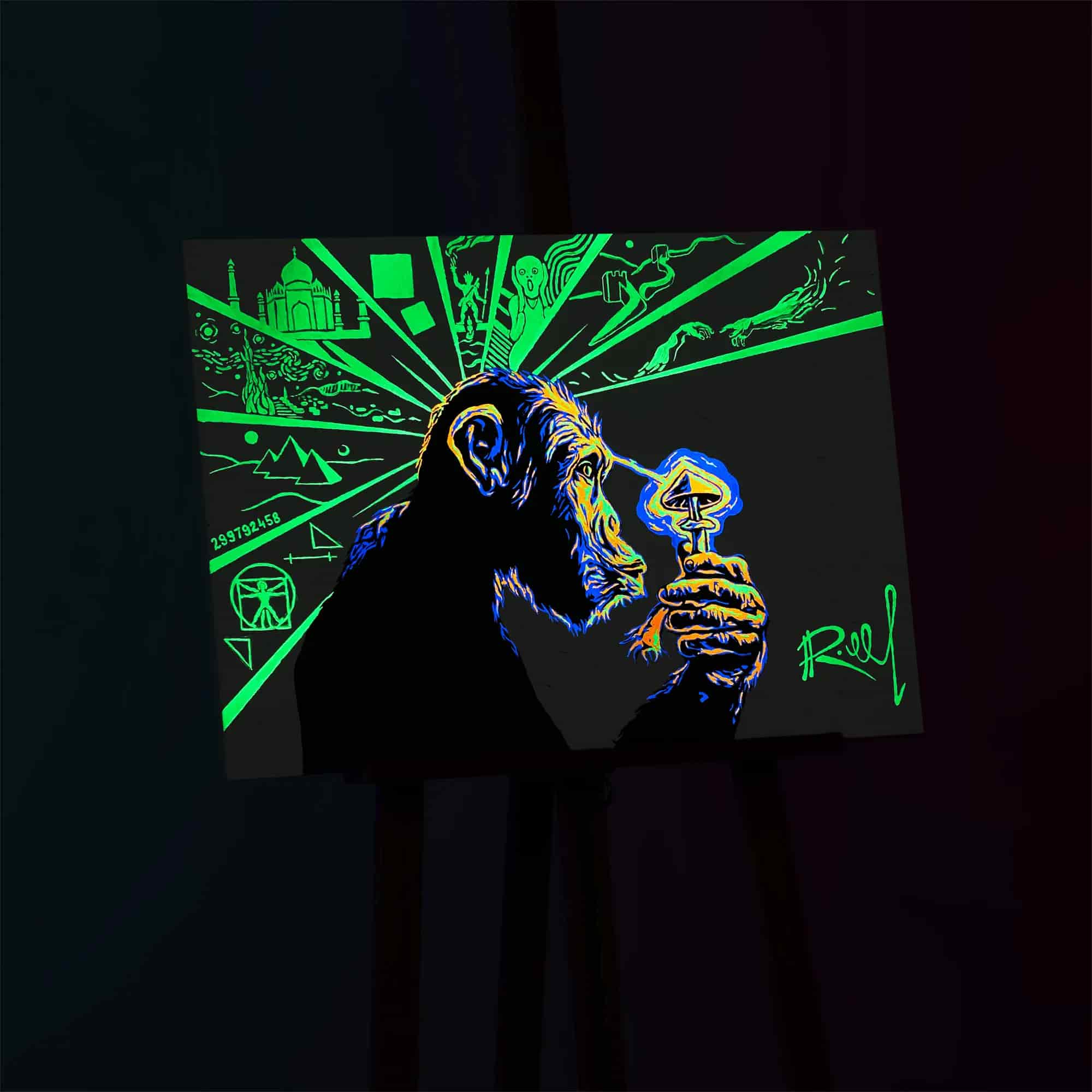 Nighttime Effect of Stoned Ape portrait - Retro glow poster with mesmerizing glow in the dark aesthetics.