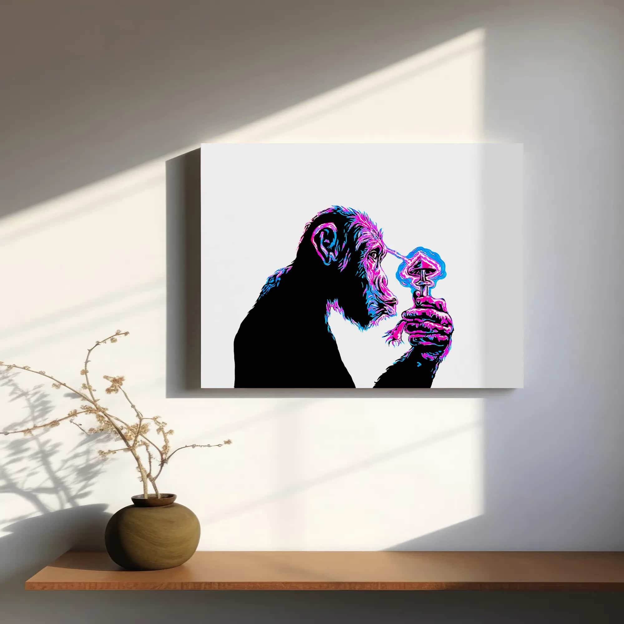 30x40cm Canvas Desk Art - Stoned Ape portrait, retro art piece perfect for your desk, with daytime flair and a glow in the dark surprise.