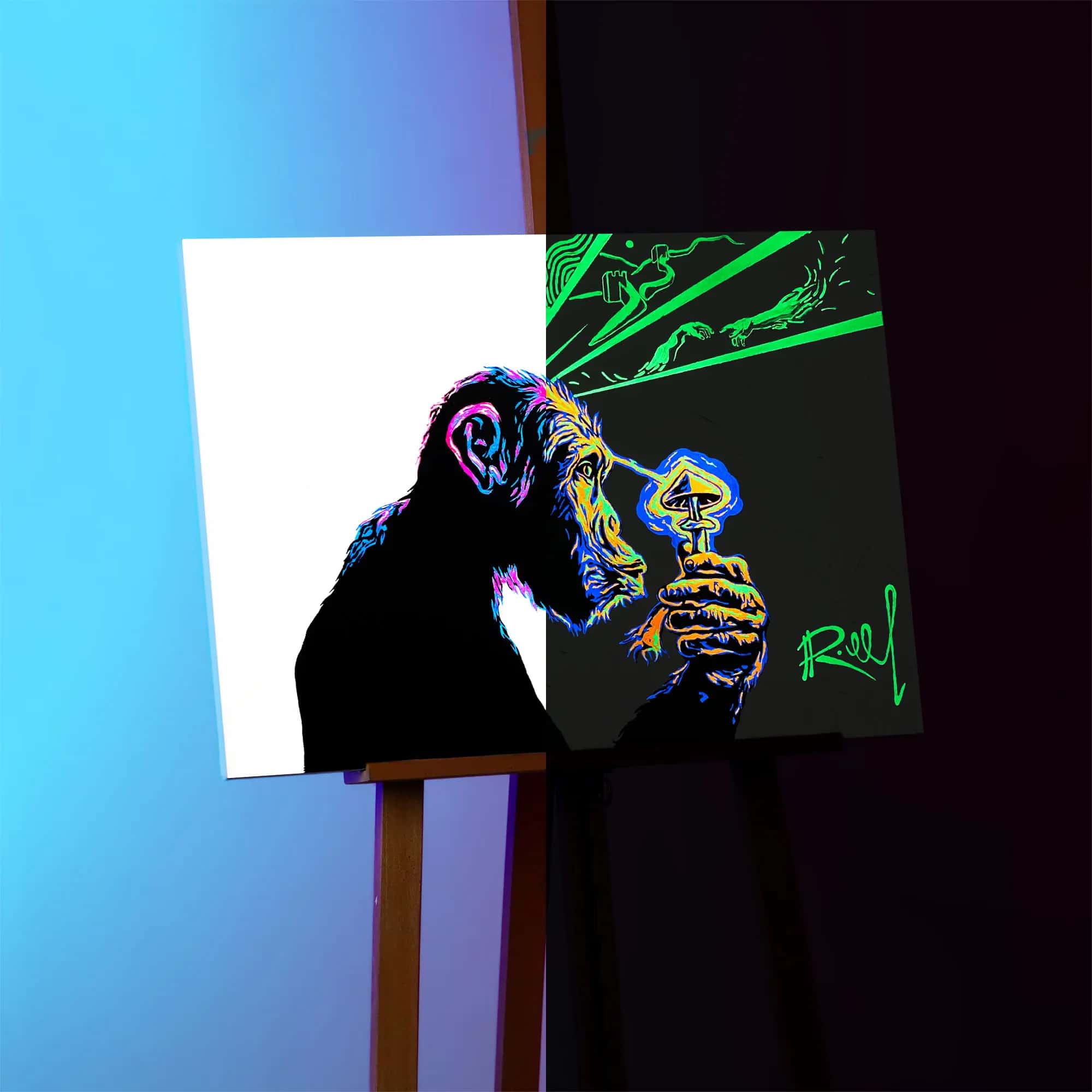 Stoned Ape portrait with Glow in the Dark Background - Retro wall art with captivating glow in the dark feature, showcasing dual effects.
