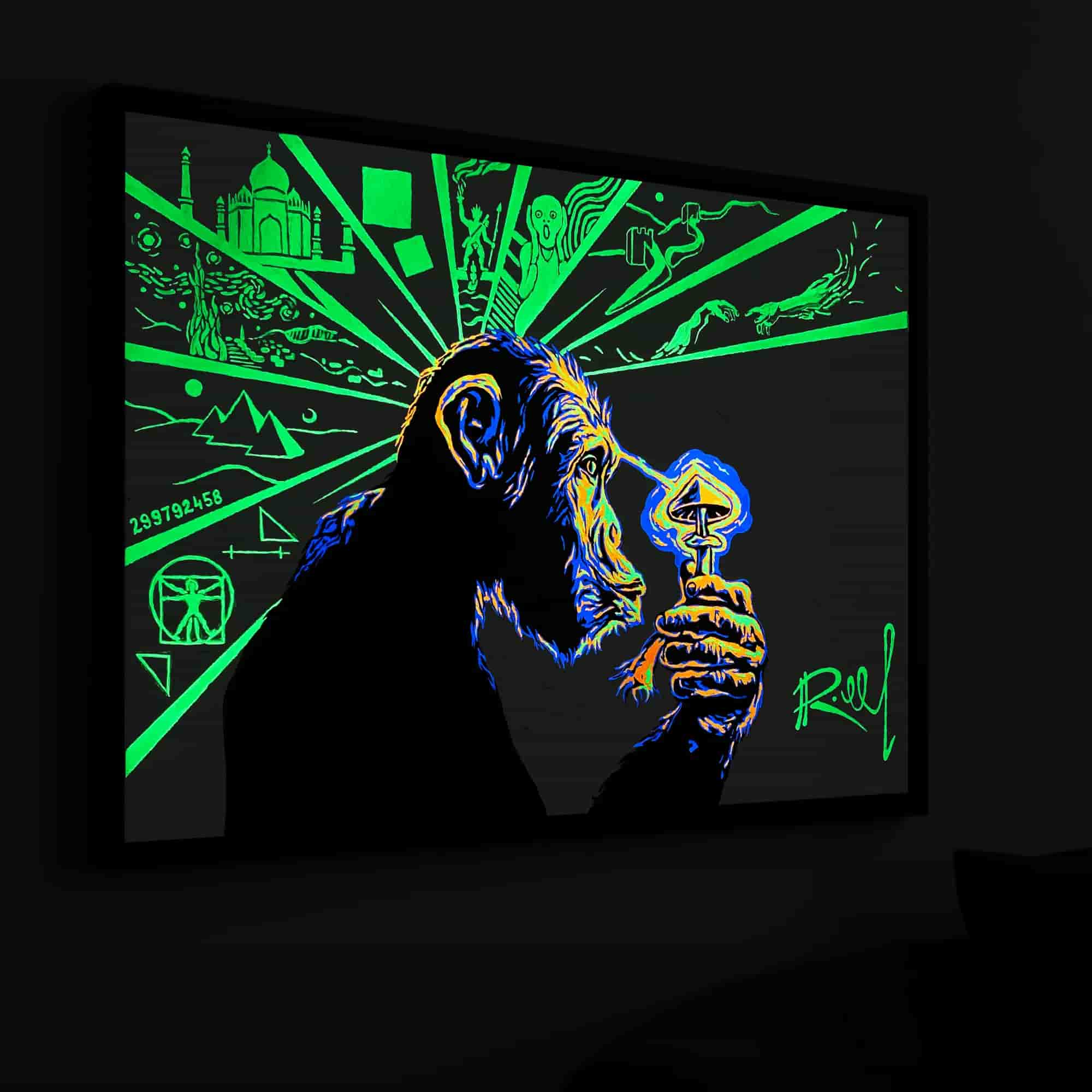 50x70cm Canvas Wall Art - Stoned Ape portrait, a mesmerizing night glow in the dark effect for an enchanting display.