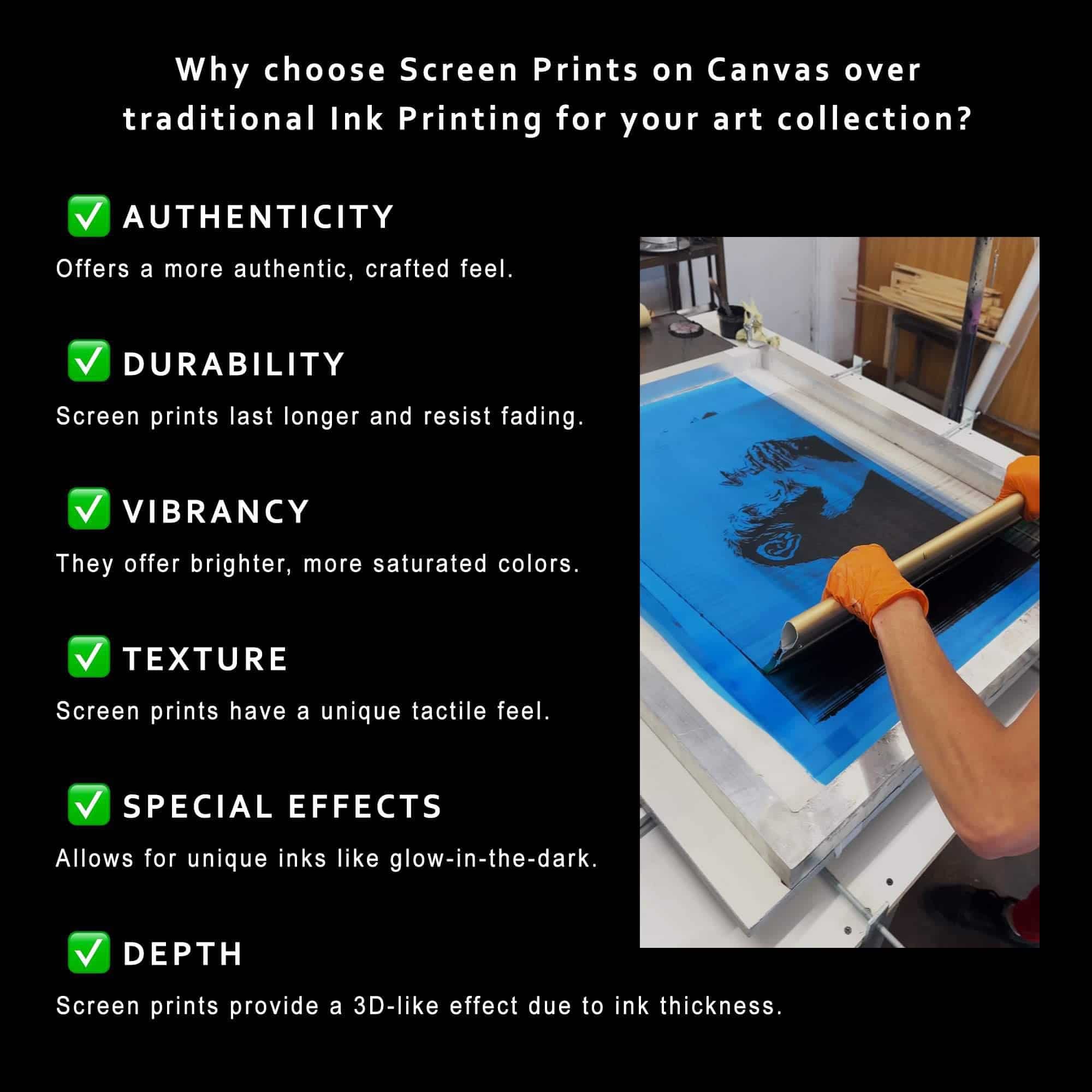 Bullet points with description of Screen art printing process